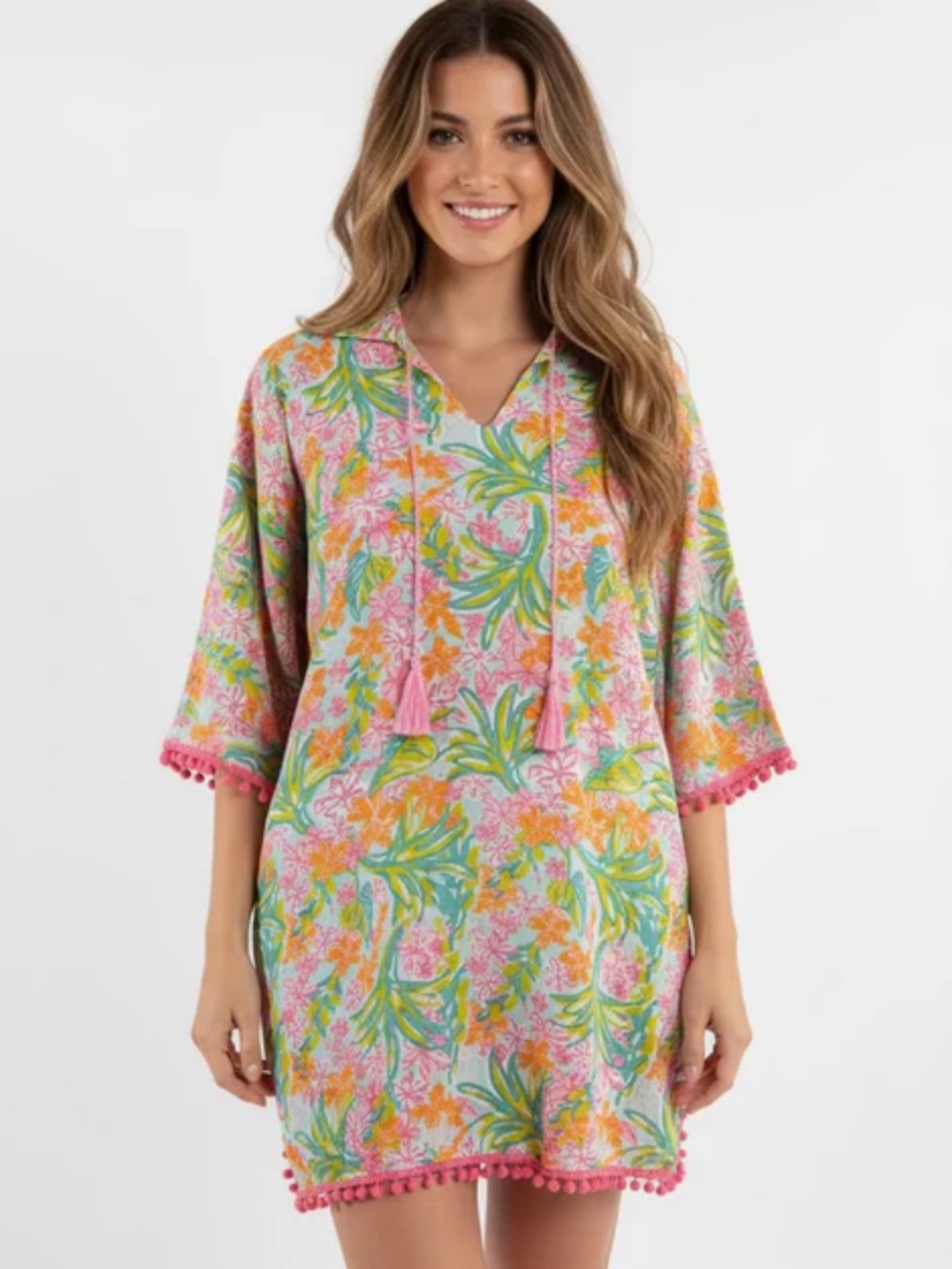 NWT Floral Print Swim Cover with Pom Detail